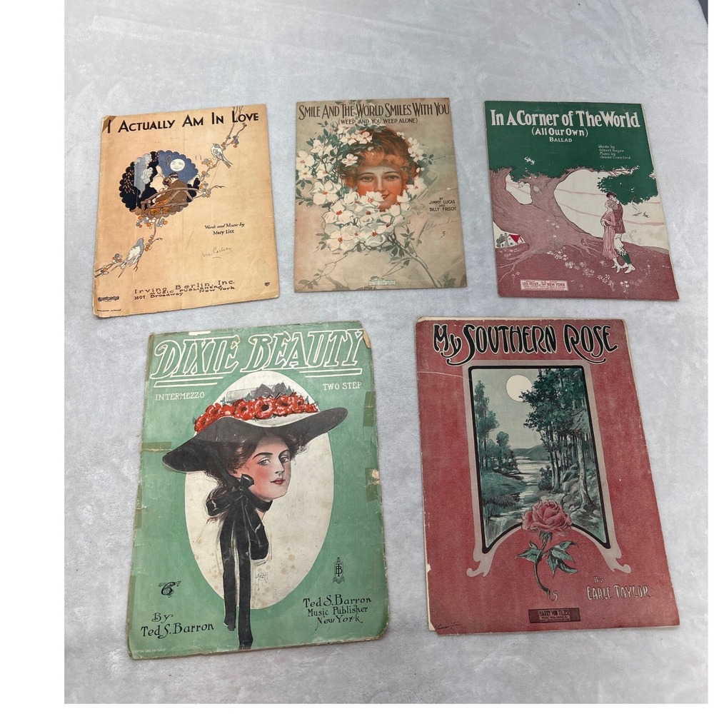 Vintage Sheet Music Lot‎ 5pc 1900s-1920s Dixie Beauty Southern Rose Smile Love
